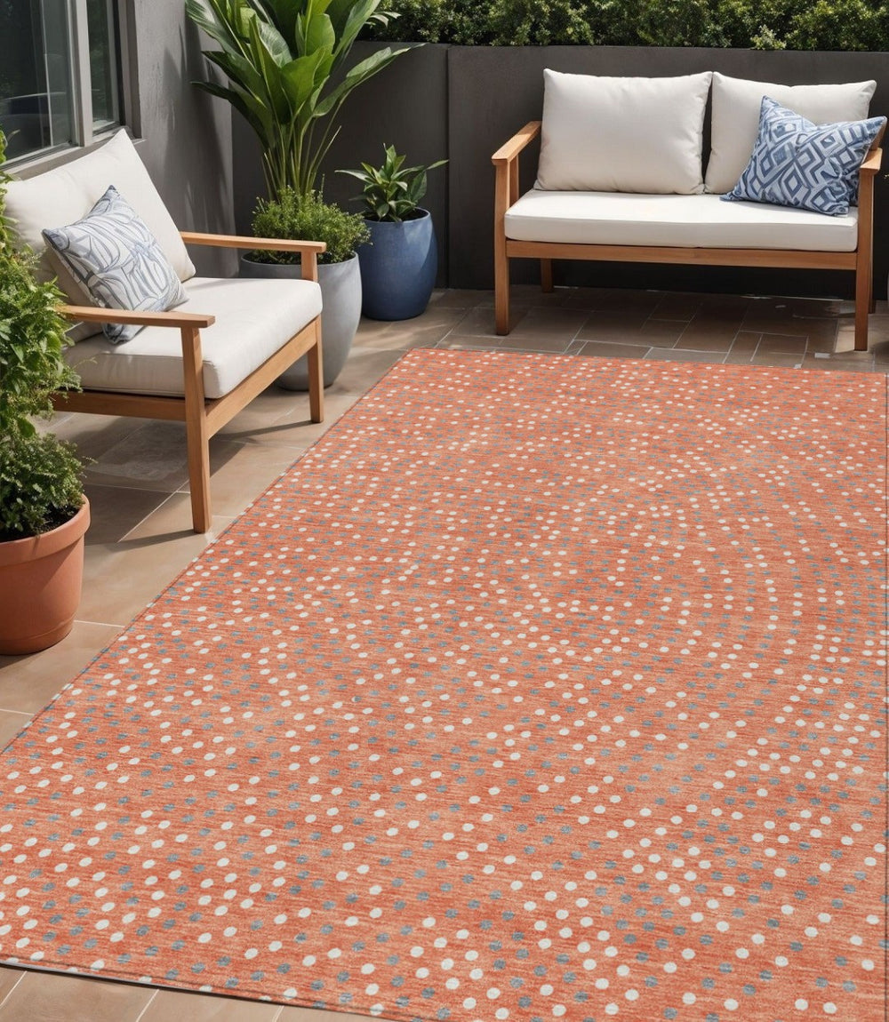 HomeRoots 5' Cheerful Salmon Gray and Ivory Polka Dot Washable Area Rug for Indoor and Outdoor Spaces 5' X 8' 599083