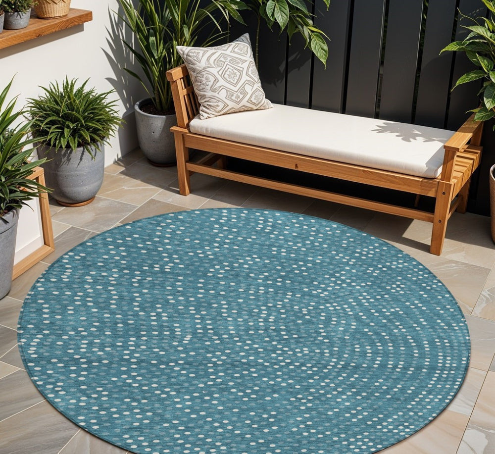 HomeRoots 5' Teal Blue Gray and Ivory Polka Dot Area Rug - Durable, Washable Design for Indoor/Outdoor Use 8' Round 599090
