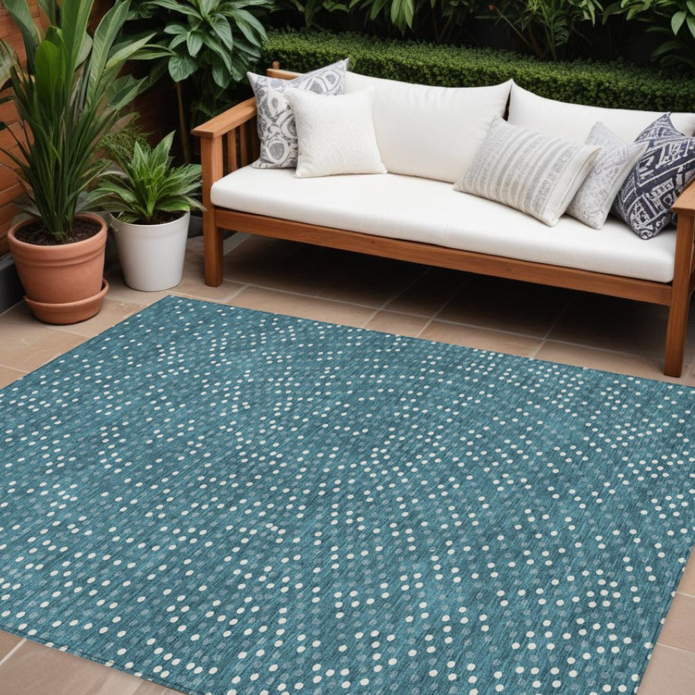 HomeRoots 9' X 12' Stylish Teal Blue Gray and Ivory Polka Dot Washable Area Rug for Indoor/Outdoor Use 599092