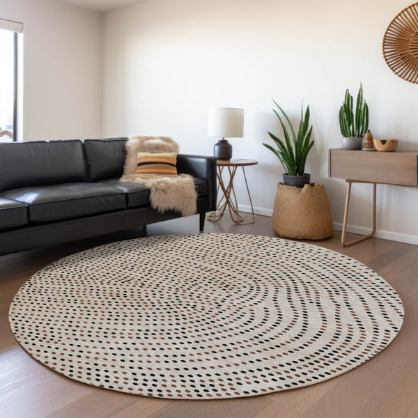 Homeroots 3' Stylish Brown Gold And Ivory Polka Dot Washable Area Rug For Indoor And Outdoor Spaces 8' Round Polyester 599096