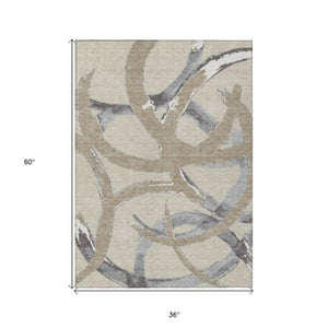 Homeroots 3' Beige Ivory And Gray Abstract Washable Area Rug For Indoor And Outdoor Spaces, Durable Design 3' X 5' Polyester 599100