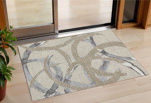 Homeroots 3' Beige Ivory And Gray Abstract Washable Area Rug For Indoor And Outdoor Spaces, Durable Design 3' X 5' Polyester 599100