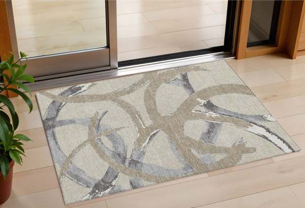 Homeroots 3' Beige Ivory And Gray Abstract Washable Area Rug For Indoor And Outdoor Spaces, Durable Design 3' X 5' Polyester 599100