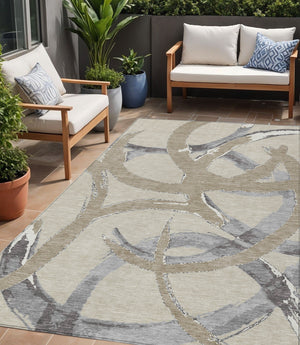 Homeroots 3' Beige Ivory And Gray Abstract Washable Area Rug For Indoor And Outdoor Spaces, Durable Design 5' X 8' Polyester 599101