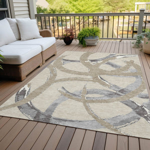 Homeroots 3' Beige Ivory And Gray Abstract Washable Area Rug For Indoor And Outdoor Spaces, Durable Design 5' X 8' Polyester 599101