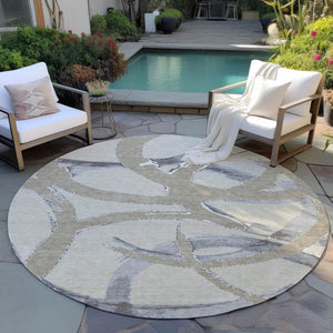 Homeroots 3' Beige Ivory And Gray Abstract Washable Area Rug For Indoor And Outdoor Spaces, Durable Design 8' Round Polyester 599102