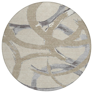 HomeRoots 5' Beige Ivory and Gray Abstract Washable Area Rug – Versatile, Durable Design for Indoor & Outdoor Use 8' Round 599102