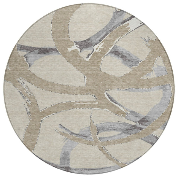 HomeRoots 5' Beige Ivory and Gray Abstract Washable Area Rug – Versatile, Durable Design for Indoor & Outdoor Use 8' Round 599102