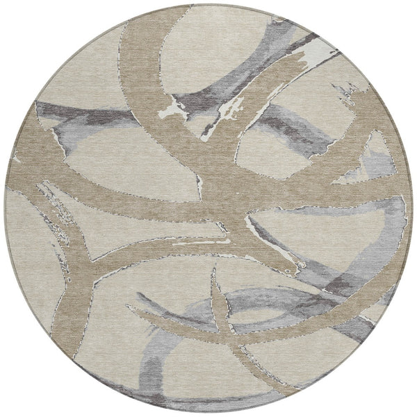 Homeroots 3' Beige Ivory And Gray Abstract Washable Area Rug For Indoor And Outdoor Spaces, Durable Design 8' Round Polyester 599102