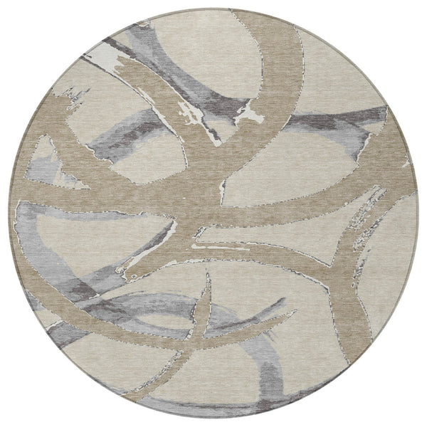 Homeroots 3' Beige Ivory And Gray Abstract Washable Area Rug For Indoor And Outdoor Spaces, Durable Design 8' Round Polyester 599102