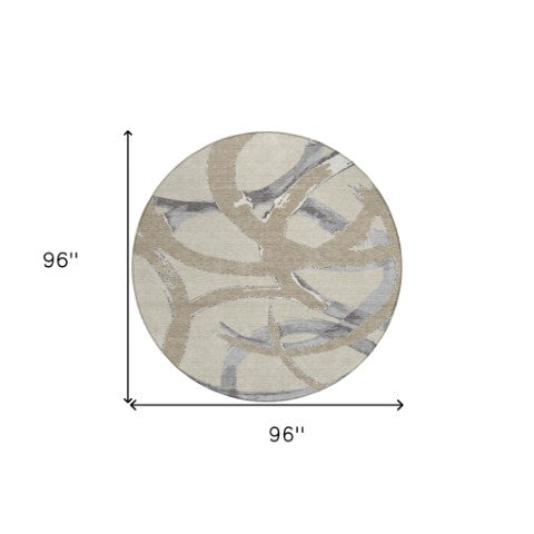 Homeroots 3' Beige Ivory And Gray Abstract Washable Area Rug For Indoor And Outdoor Spaces, Durable Design 8' Round Polyester 599102