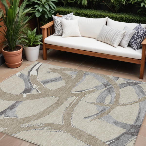 Homeroots 3' Beige Ivory And Gray Abstract Washable Area Rug For Indoor And Outdoor Spaces, Durable Design 9' X 12' Polyester 599104