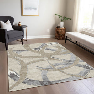 Homeroots 3' Beige Ivory And Gray Abstract Washable Area Rug For Indoor And Outdoor Spaces, Durable Design 9' X 12' Polyester 599104