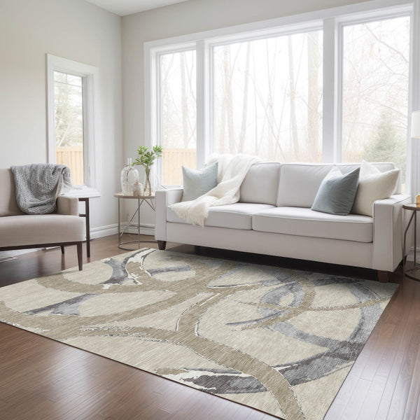 Homeroots 3' Beige Ivory And Gray Abstract Washable Area Rug For Indoor And Outdoor Spaces, Durable Design 9' X 12' Polyester 599104