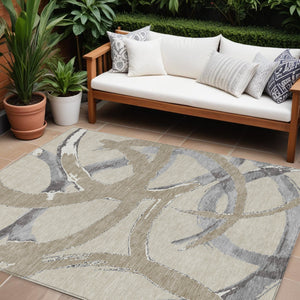 Homeroots 3' Beige Ivory And Gray Abstract Washable Area Rug For Indoor And Outdoor Spaces, Durable Design 10' X 14' Polyester 599105