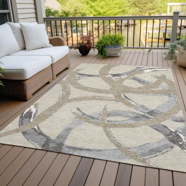 Homeroots 3' Beige Ivory And Gray Abstract Washable Area Rug For Indoor And Outdoor Spaces, Durable Design 10' X 14' Polyester 599105
