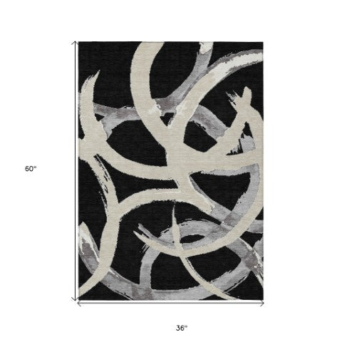 Homeroots 3' Beige Ivory And Gray Abstract Washable Area Rug For Indoor And Outdoor Spaces, Durable Design 3' X 5' Polyester 599106