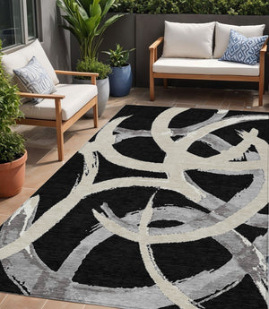 Homeroots 3' Beige Ivory And Gray Abstract Washable Area Rug For Indoor And Outdoor Spaces, Durable Design 5' X 8' Polyester 599107