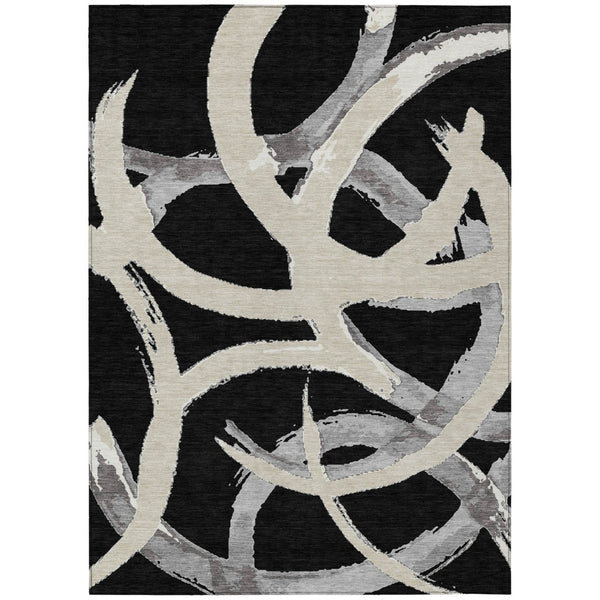 HomeRoots 5' Modern Abstract Black Ivory Gray Washable Indoor Outdoor Area Rug for Stylish Spaces 5' X 8' 599107