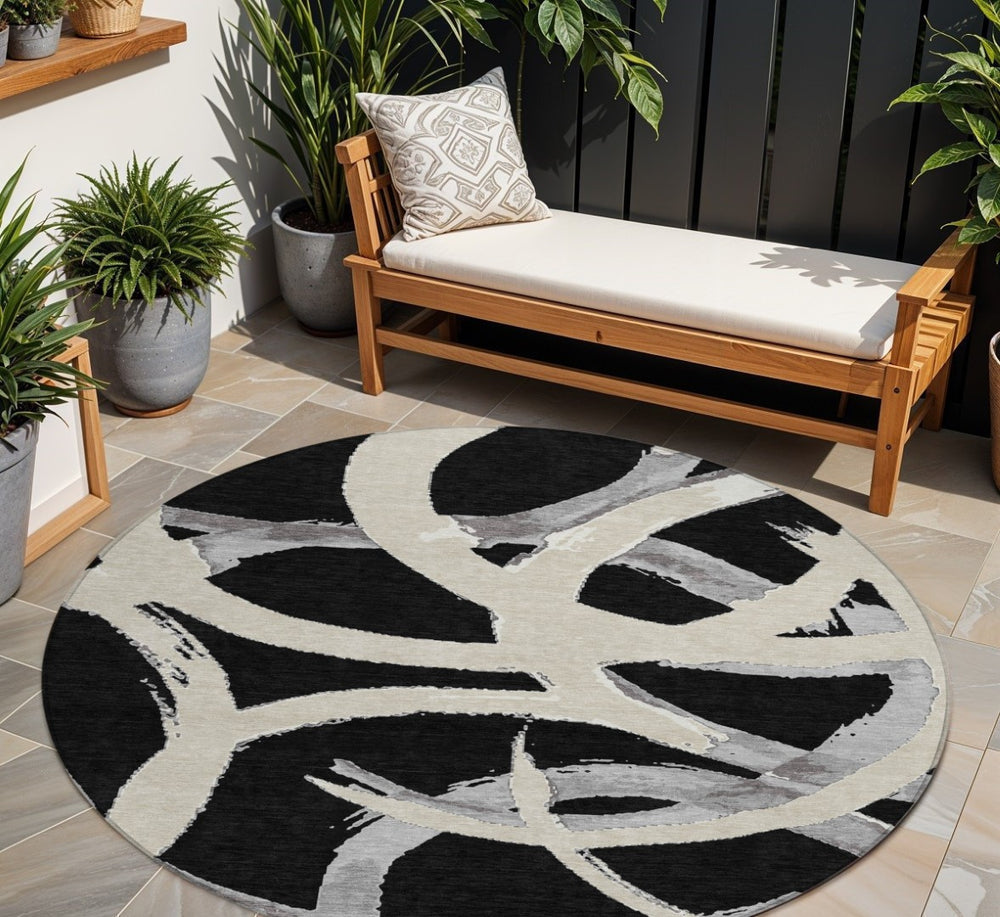 HomeRoots 5' Modern Abstract Black Ivory Gray Washable Indoor Outdoor Area Rug for Stylish Spaces 8' Round 599108