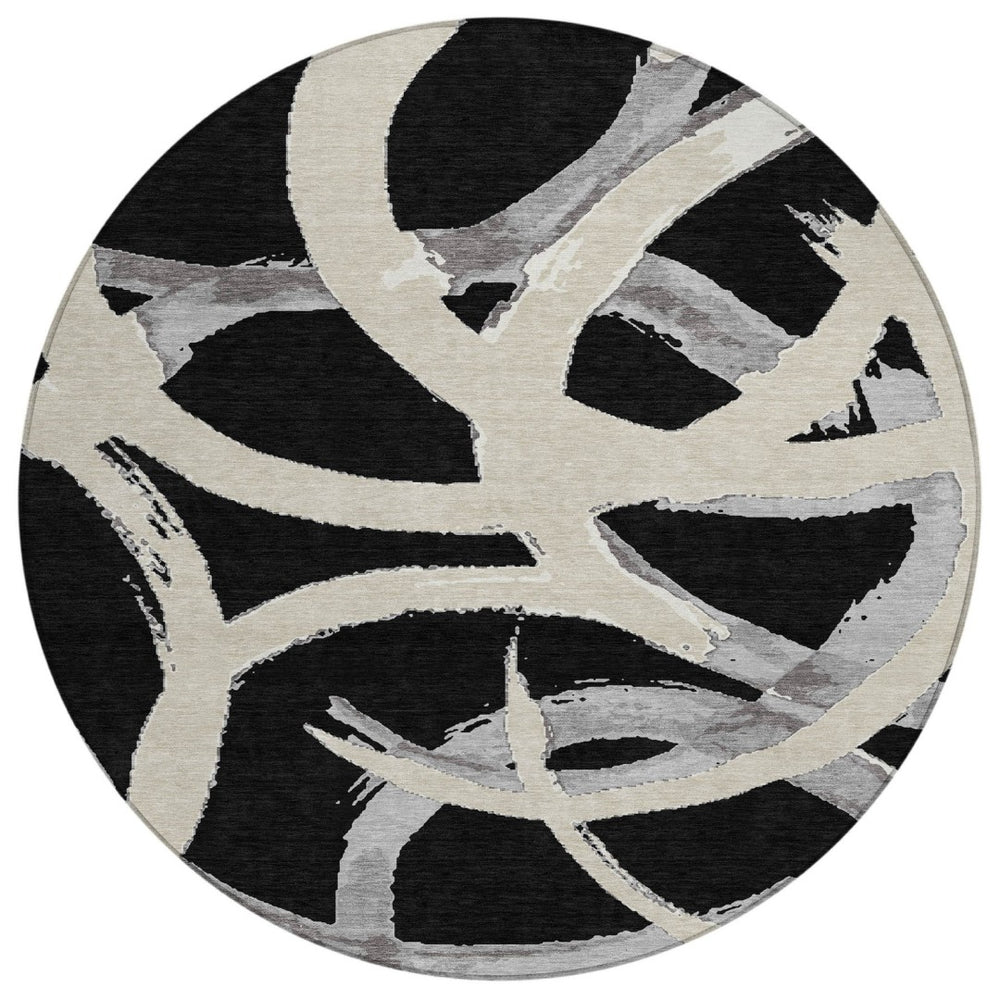 HomeRoots 5' Modern Abstract Black Ivory Gray Washable Indoor Outdoor Area Rug for Stylish Spaces 8' Round 599108