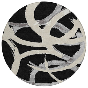 HomeRoots 5' Modern Abstract Black Ivory Gray Washable Indoor Outdoor Area Rug for Stylish Spaces 8' Round 599108