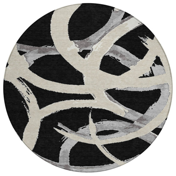 HomeRoots 5' Modern Abstract Black Ivory Gray Washable Indoor Outdoor Area Rug for Stylish Spaces 8' Round 599108