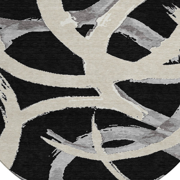 Homeroots 3' Beige Ivory And Gray Abstract Washable Area Rug For Indoor And Outdoor Spaces, Durable Design 8' Round Polyester 599108