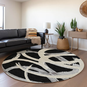 Homeroots 3' Beige Ivory And Gray Abstract Washable Area Rug For Indoor And Outdoor Spaces, Durable Design 8' Round Polyester 599108