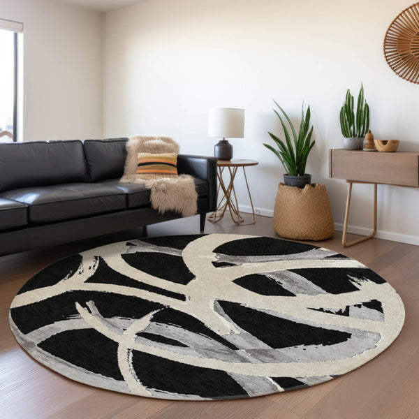 Homeroots 3' Beige Ivory And Gray Abstract Washable Area Rug For Indoor And Outdoor Spaces, Durable Design 8' Round Polyester 599108