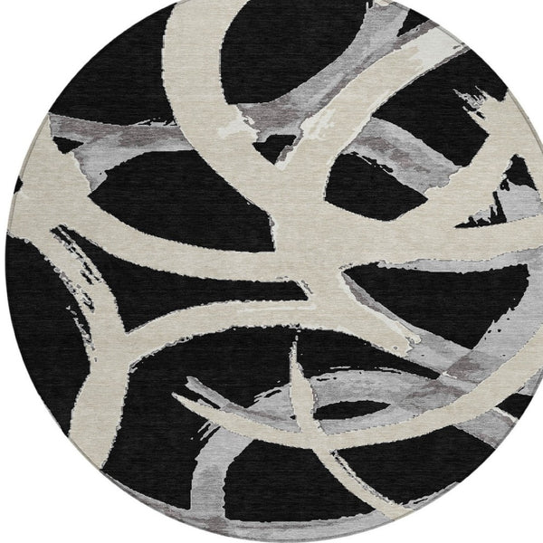 Homeroots 3' Beige Ivory And Gray Abstract Washable Area Rug For Indoor And Outdoor Spaces, Durable Design 8' Round Polyester 599108