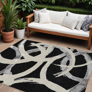Homeroots 3' Beige Ivory And Gray Abstract Washable Area Rug For Indoor And Outdoor Spaces, Durable Design 8' X 10' Polyester 599109