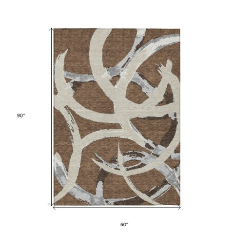 Homeroots 3' Beige Ivory And Gray Abstract Washable Area Rug For Indoor And Outdoor Spaces, Durable Design 5' X 8' Polyester 599113