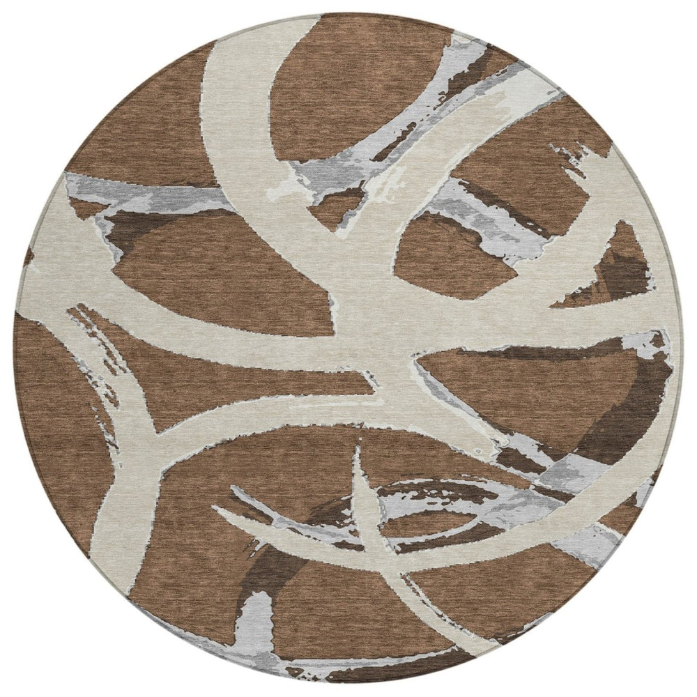 HomeRoots 5' Abstract Washable Area Rug in Brown, Beige & Gray – Perfect for Indoor & Outdoor Spaces! 8' Round 599114
