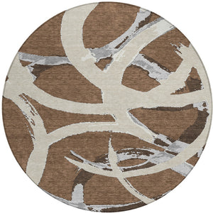 Homeroots 3' Beige Ivory And Gray Abstract Washable Area Rug For Indoor And Outdoor Spaces, Durable Design 8' Round Polyester 599114