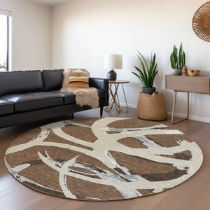 Homeroots 3' Beige Ivory And Gray Abstract Washable Area Rug For Indoor And Outdoor Spaces, Durable Design 8' Round Polyester 599114