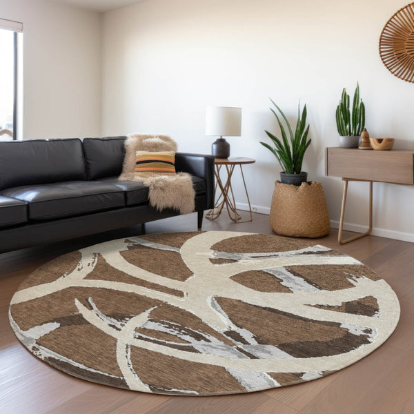 Homeroots 3' Beige Ivory And Gray Abstract Washable Area Rug For Indoor And Outdoor Spaces, Durable Design 8' Round Polyester 599114