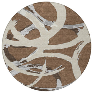 Homeroots 3' Beige Ivory And Gray Abstract Washable Area Rug For Indoor And Outdoor Spaces, Durable Design 8' Round Polyester 599114