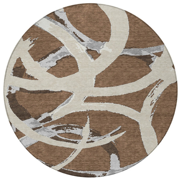 Homeroots 3' Beige Ivory And Gray Abstract Washable Area Rug For Indoor And Outdoor Spaces, Durable Design 8' Round Polyester 599114