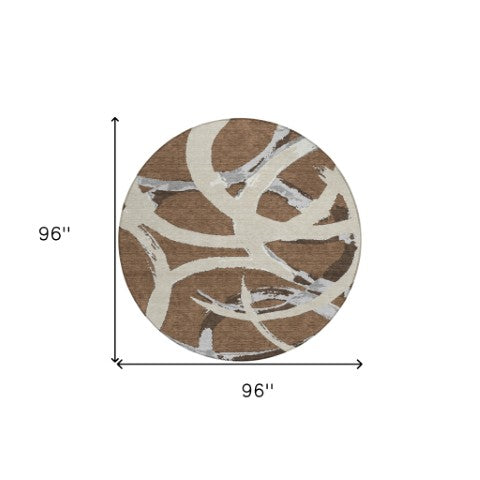 Homeroots 3' Beige Ivory And Gray Abstract Washable Area Rug For Indoor And Outdoor Spaces, Durable Design 8' Round Polyester 599114