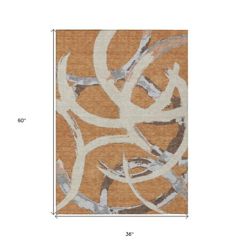 Homeroots 3' Beige Ivory And Gray Abstract Washable Area Rug For Indoor And Outdoor Spaces, Durable Design 3' X 5' Polyester 599118