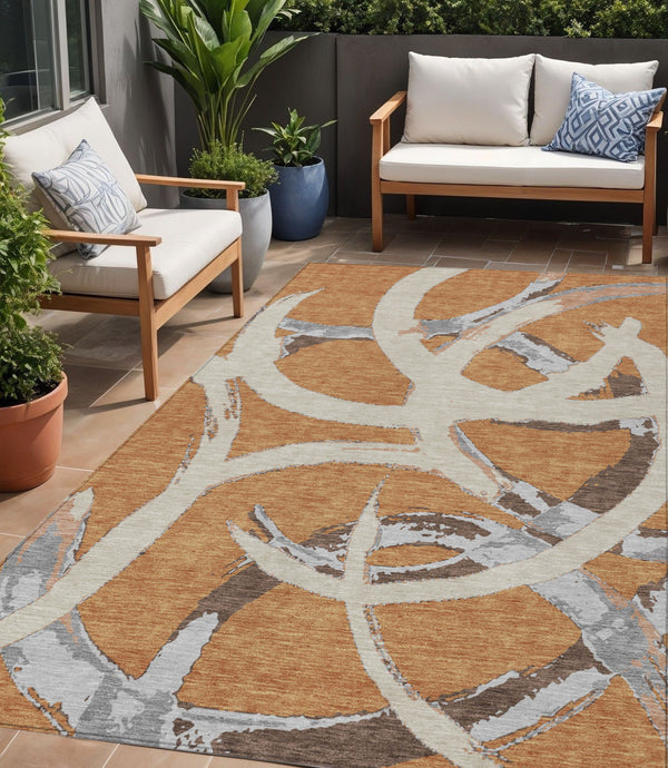 Homeroots 3' Beige Ivory And Gray Abstract Washable Area Rug For Indoor And Outdoor Spaces, Durable Design 5' X 8' Polyester 599119