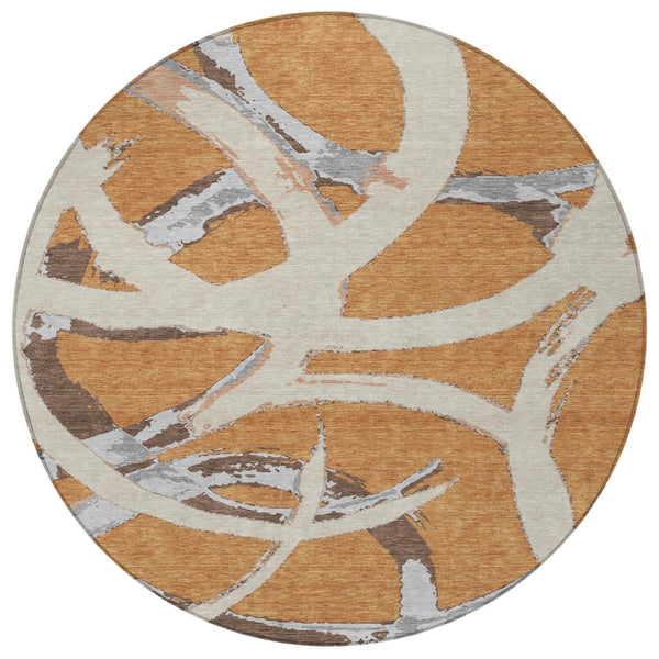 Homeroots 3' Beige Ivory And Gray Abstract Washable Area Rug For Indoor And Outdoor Spaces, Durable Design 8' Round Polyester 599120
