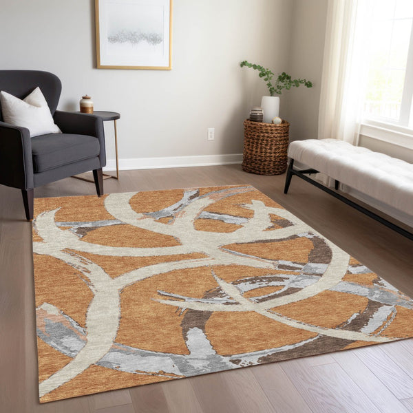 Homeroots 3' Beige Ivory And Gray Abstract Washable Area Rug For Indoor And Outdoor Spaces, Durable Design 10' X 14' Polyester 599123