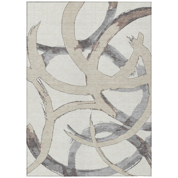 Homeroots 3' Beige Ivory And Gray Abstract Washable Area Rug For Indoor And Outdoor Spaces, Durable Design 3' X 5' Polyester 599130