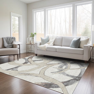 Homeroots 3' Beige Ivory And Gray Abstract Washable Area Rug For Indoor And Outdoor Spaces, Durable Design 3' X 5' Polyester 599130