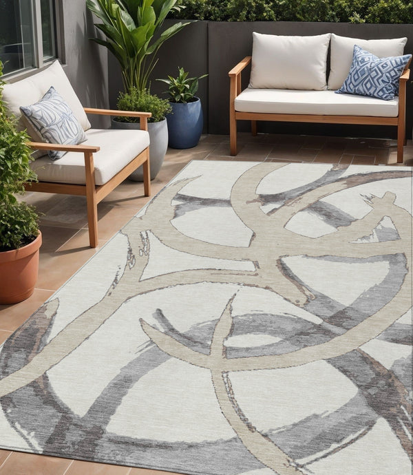 Homeroots 3' Beige Ivory And Gray Abstract Washable Area Rug For Indoor And Outdoor Spaces, Durable Design 5' X 8' Polyester 599131