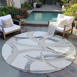 Homeroots 3' Beige Ivory And Gray Abstract Washable Area Rug For Indoor And Outdoor Spaces, Durable Design 8' Round Polyester 599132