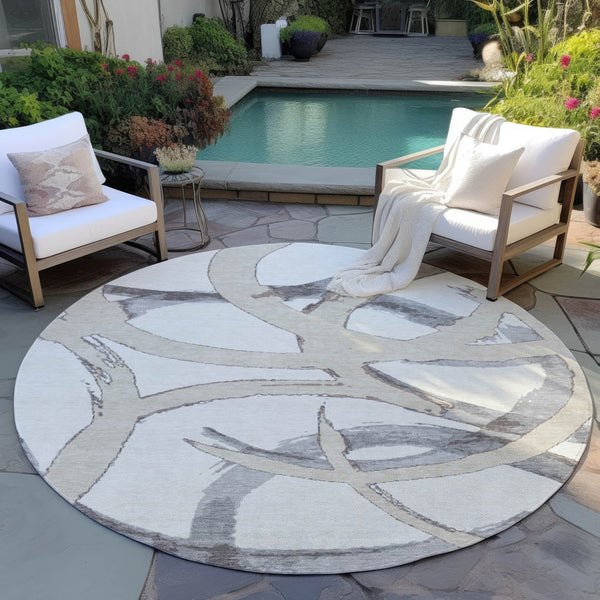 Homeroots 3' Beige Ivory And Gray Abstract Washable Area Rug For Indoor And Outdoor Spaces, Durable Design 8' Round Polyester 599132