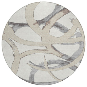 HomeRoots 5' Abstract Ivory Gray Beige Area Rug – Stylish, Washable, Indoor/Outdoor, Durable for High-Traffic Areas 8' Round 599132